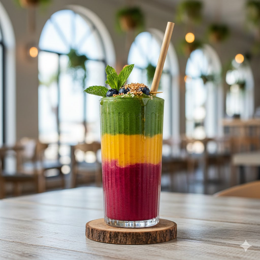 Layered fruit smoothie in a bright cafe